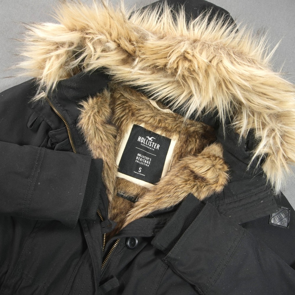 Y2K Hollister Fur Lined Hooded Women Parka S Military Sherpa Prep Surf Black
